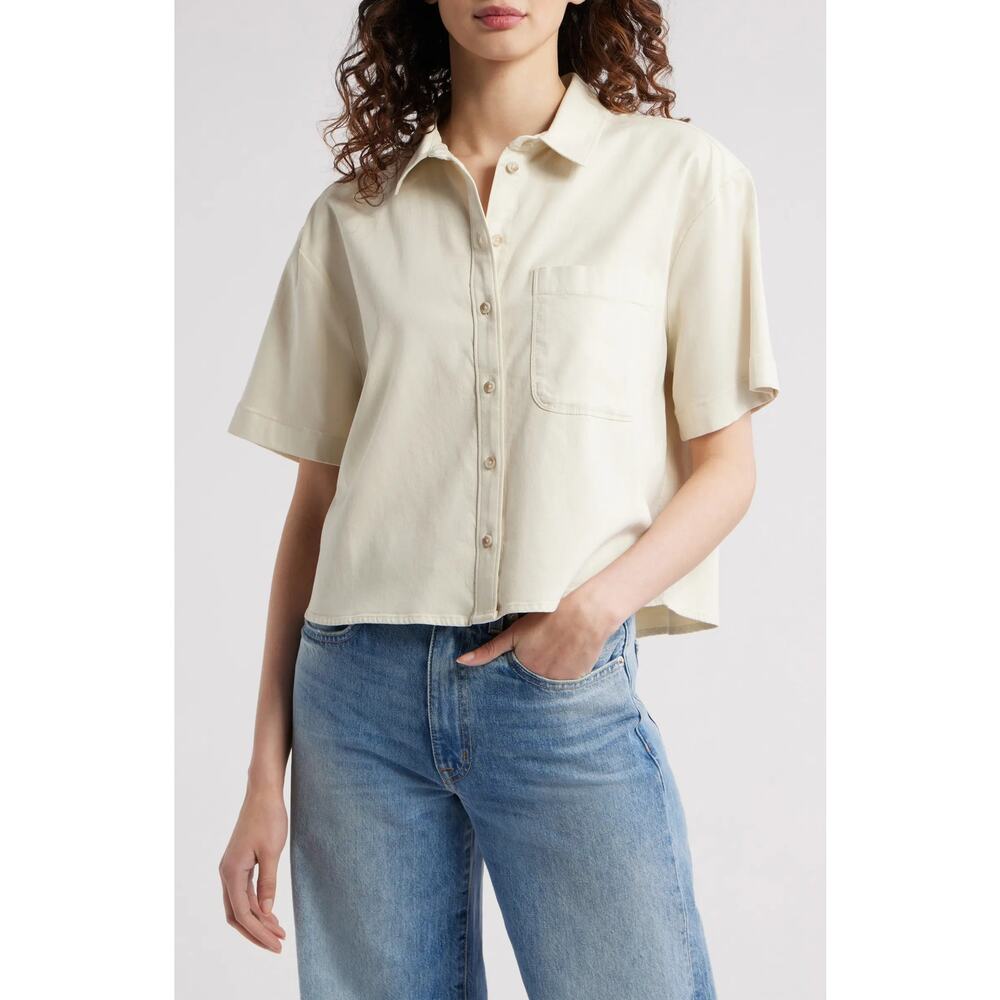 Treasure & Bond Womens Boxy Short Sleeve Crop‎ Button-Up Shirt Ivory Dove XXS